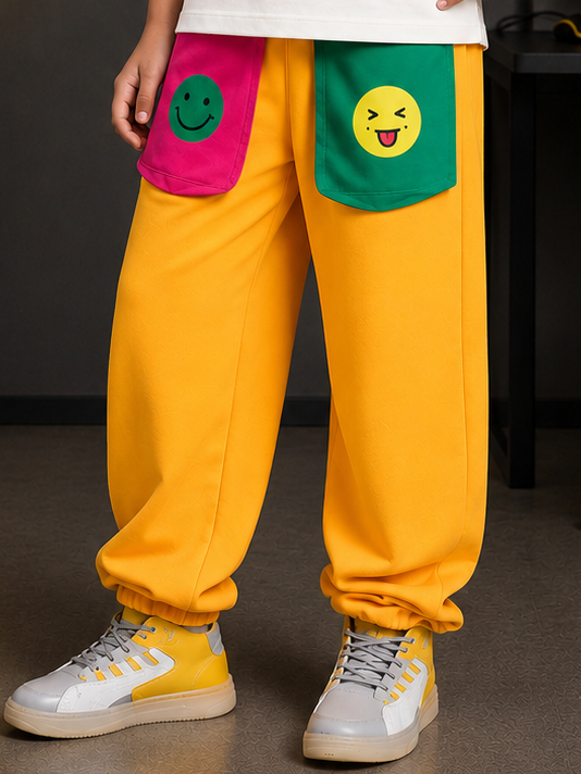 EMOJI VIBES JOGGER FOR BOYS GIRLS YELLOW featuring bright colors and playful emoji pockets.
