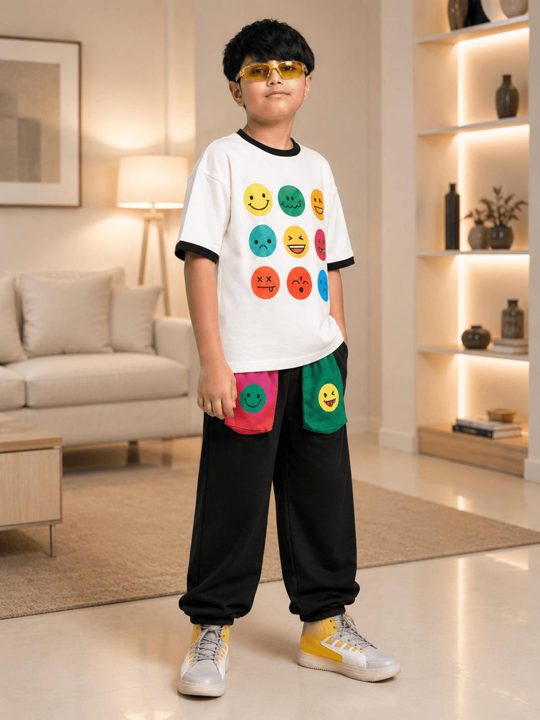 EMOJI VIBES CO-ORD FOR BOYS GIRLS WHITE BLACK worn by a boy in a stylish living room, showcasing playful emoji designs.