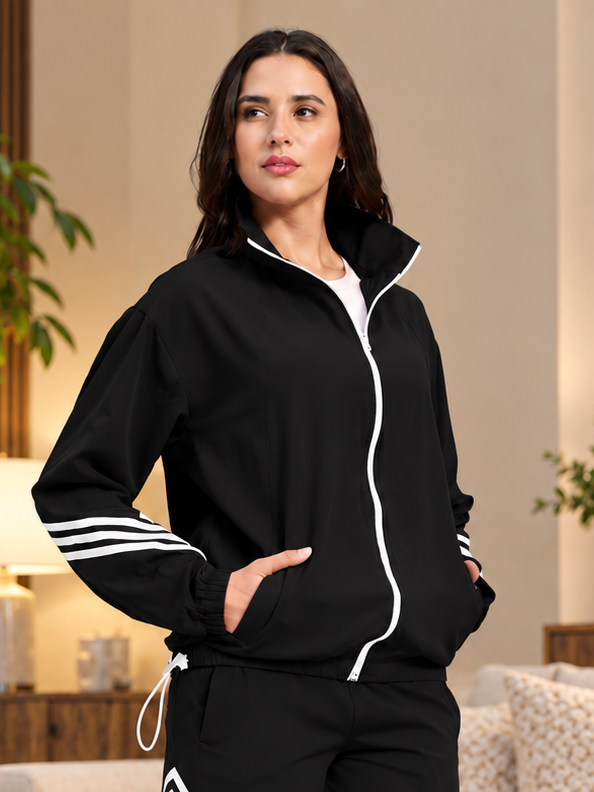 WOMEN STREETWEAR THREE STRIPE  JACKET FULL ZIPPER BLACK
