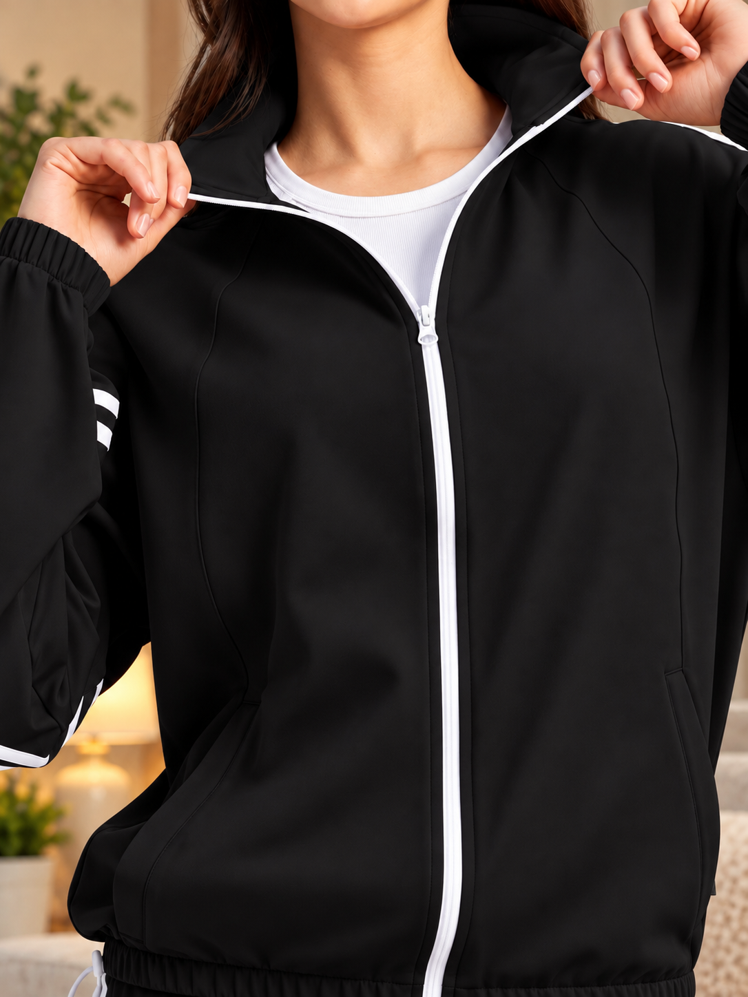 WOMEN STREETWEAR THREE STRIPE  JACKET FULL ZIPPER BLACK