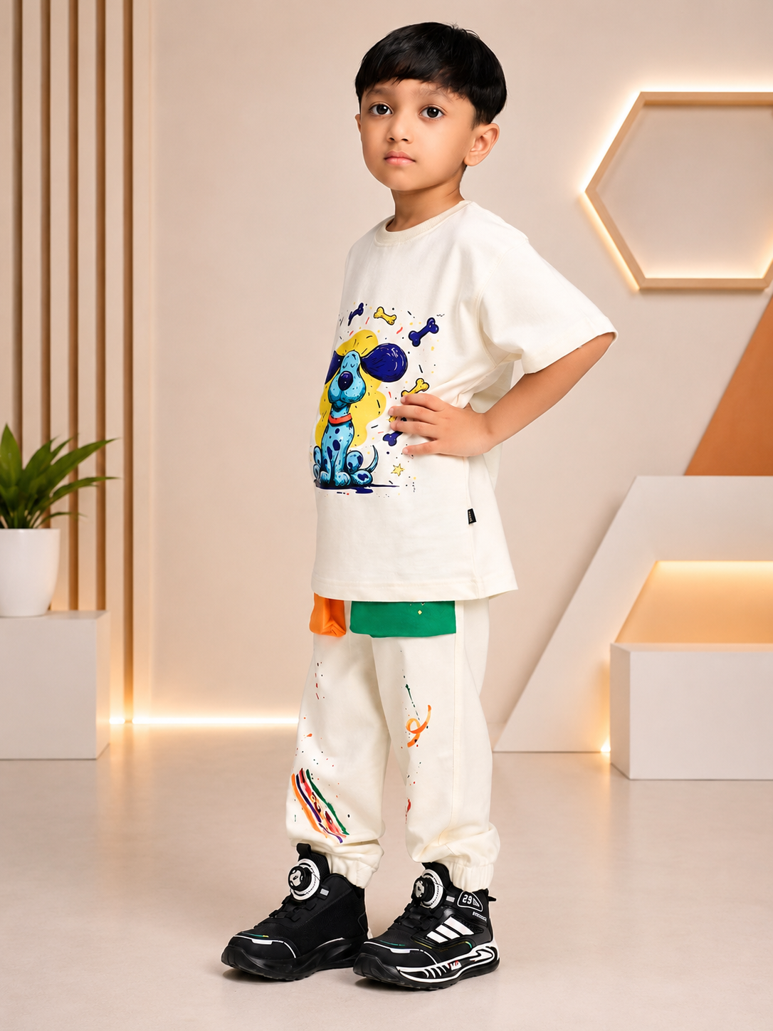 CUTE BLUE PUPPY PRINT CO-ORD FOR BOYS GIRLS OFF WHITE