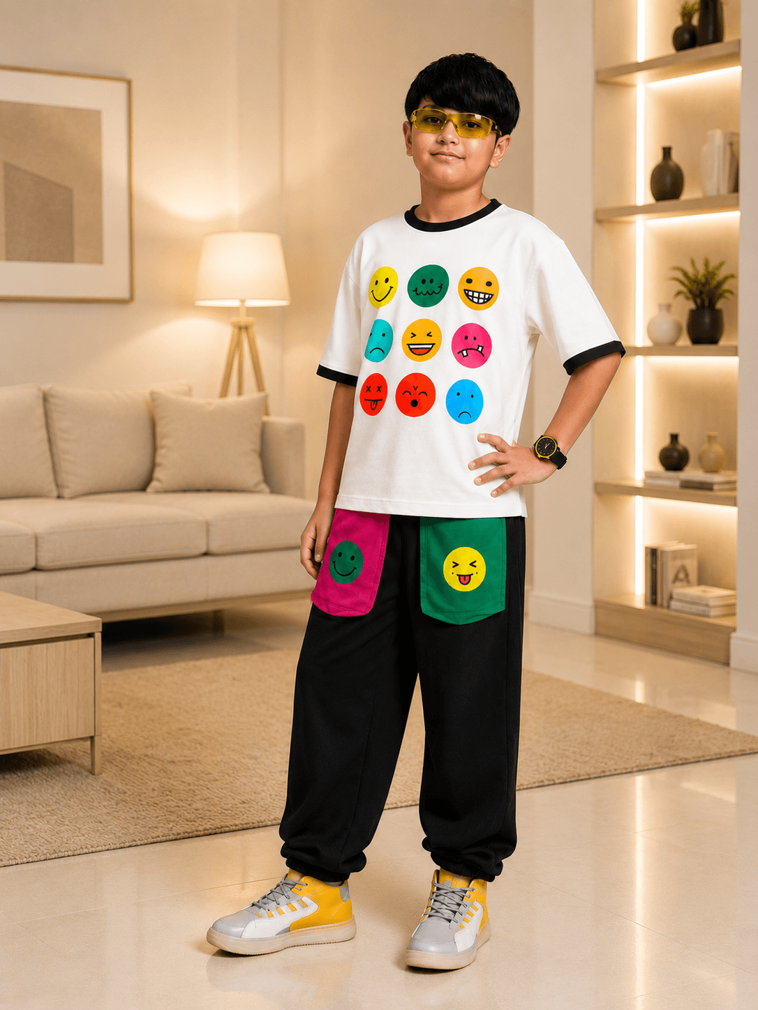 EMOJI VIBES T-SHIRT FOR BOYS GIRL WHITE worn by a boy, featuring colorful emoji graphics, styled with black pants.