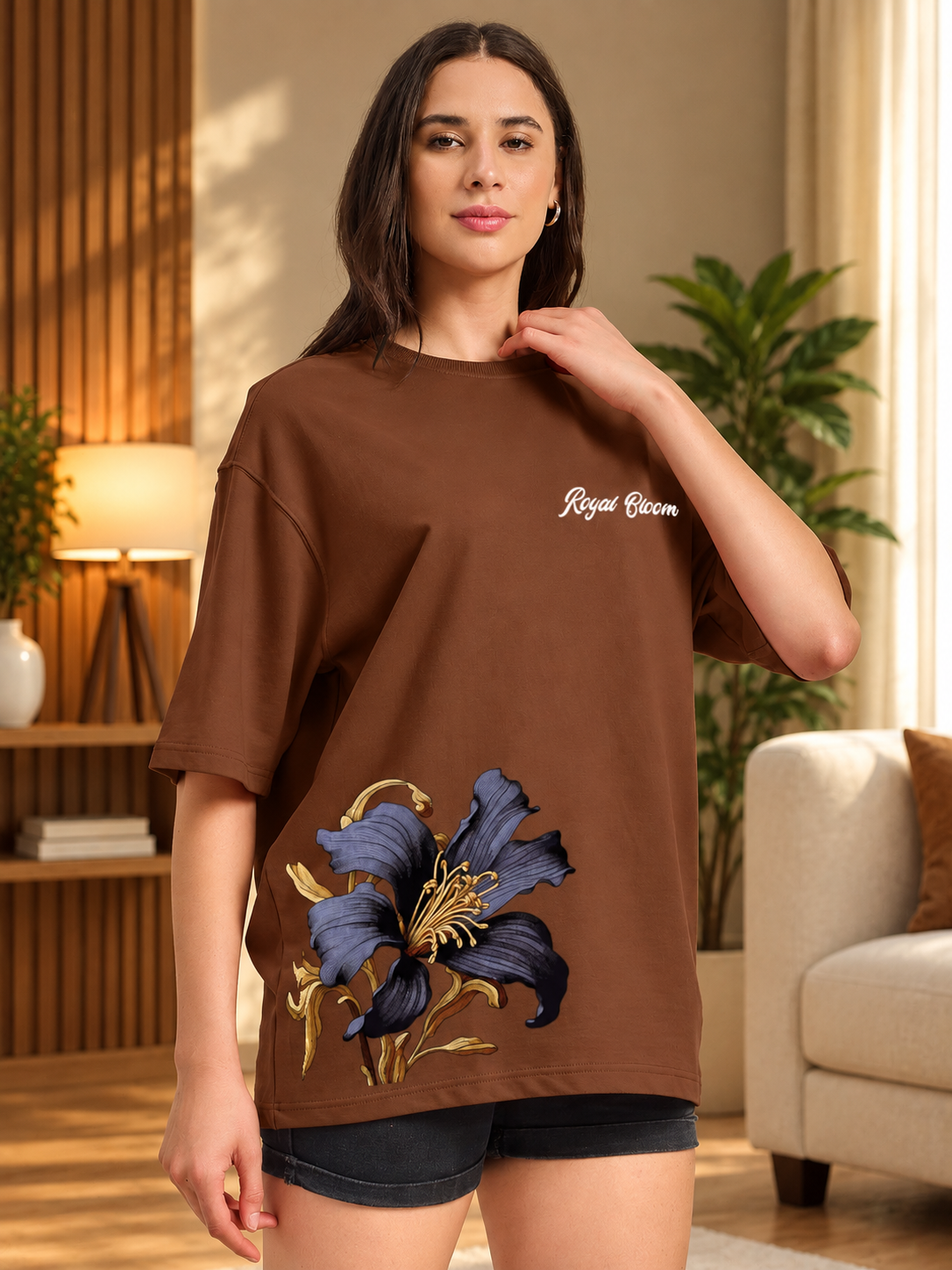 WOMEN ROYAL BLOOM FLORAL T-SHIRT BROWN