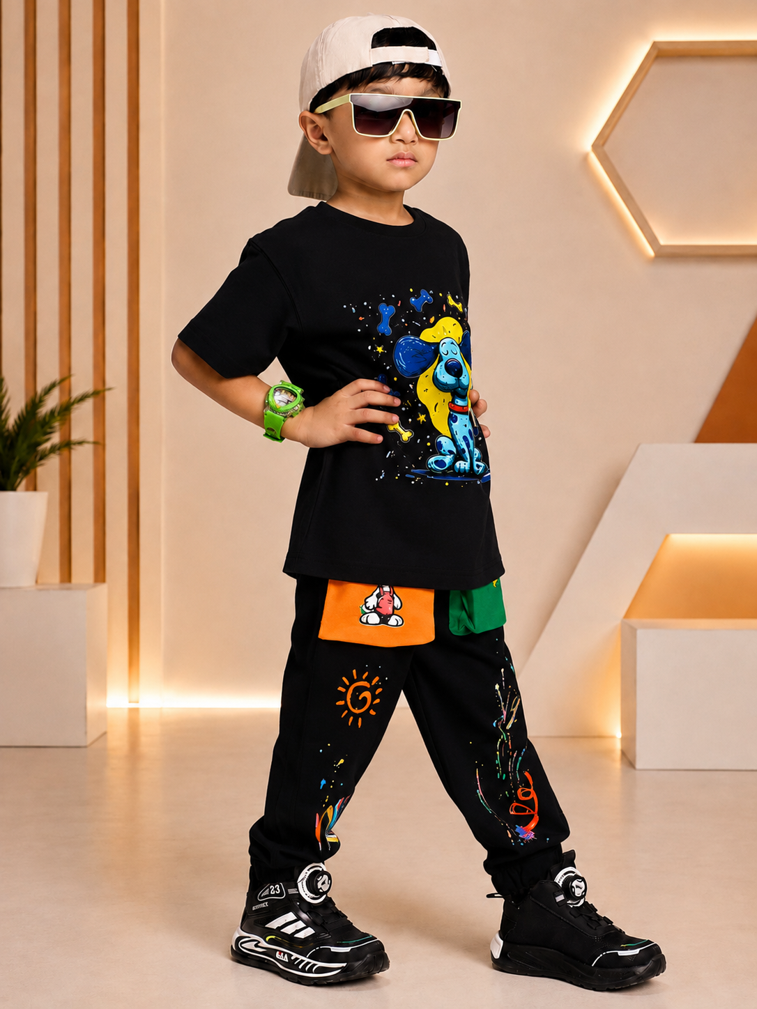 CUTE BLUE PUPPY PRINT CO-ORD FOR BOYS GIRLS BLACK