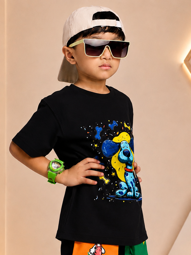 CUTE BLUE PUPPY OVERSIZED T-SHIRT FOR BOYS GIRLS BLACK