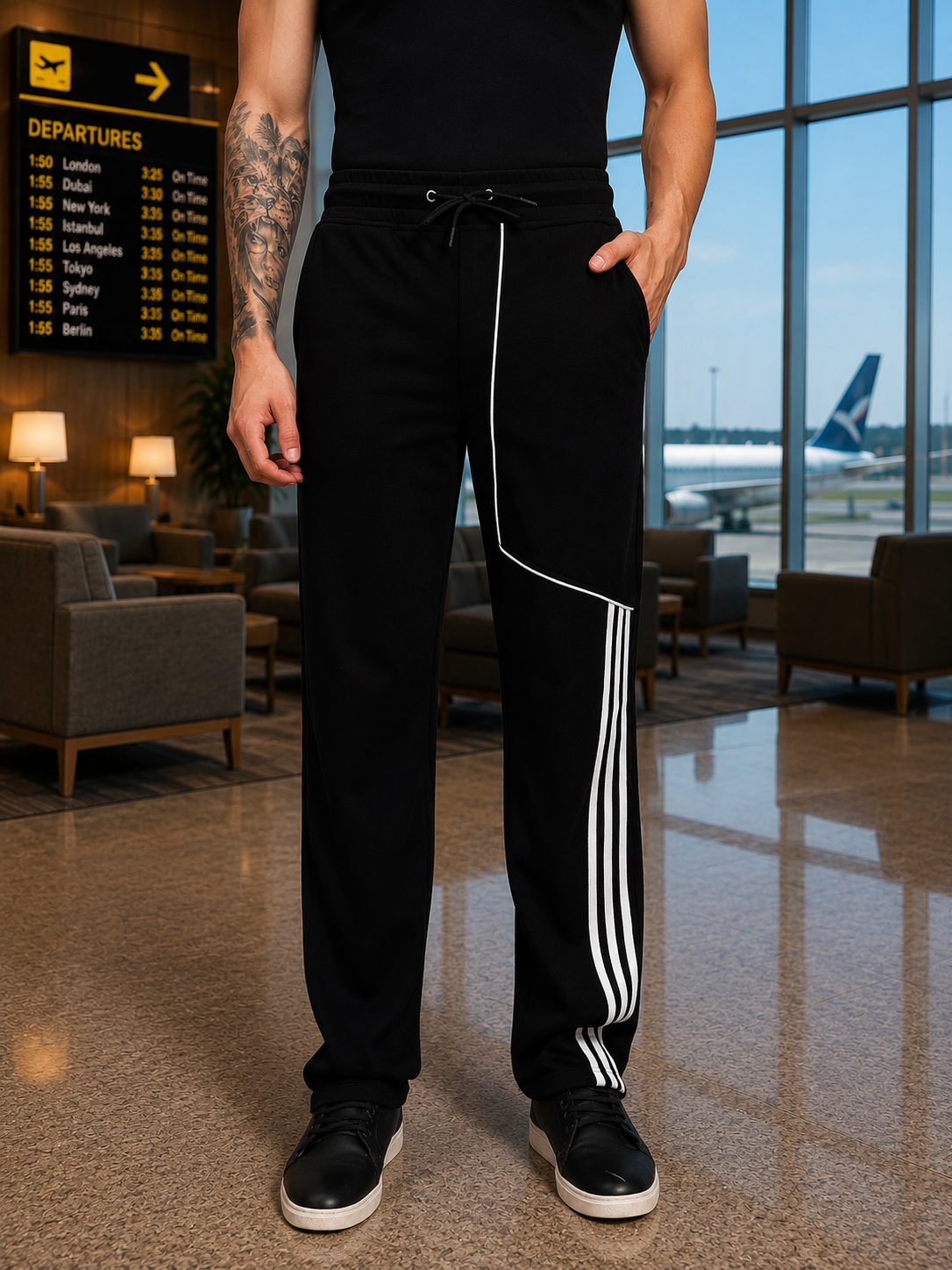 YOUTH CONTREST PIPING JOGGERS BLACK displayed on a model at an airport lounge, featuring stylish side piping accent.