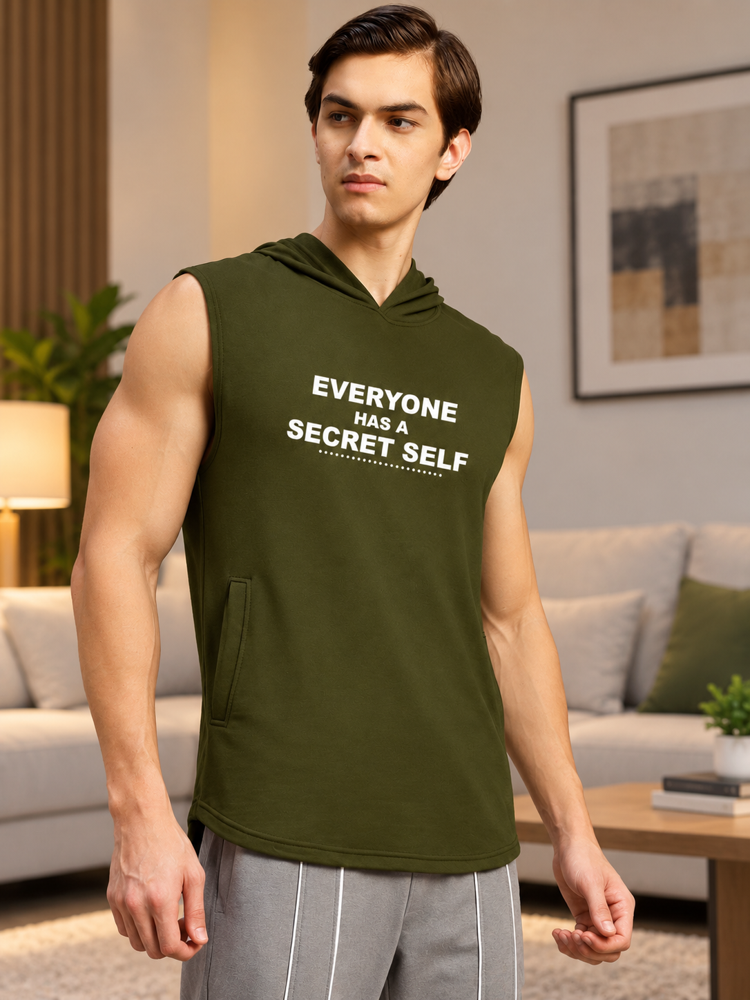 SECRET SELF GYM SLEEVELESS HOODED T-SHIRT OLIVE GREEN