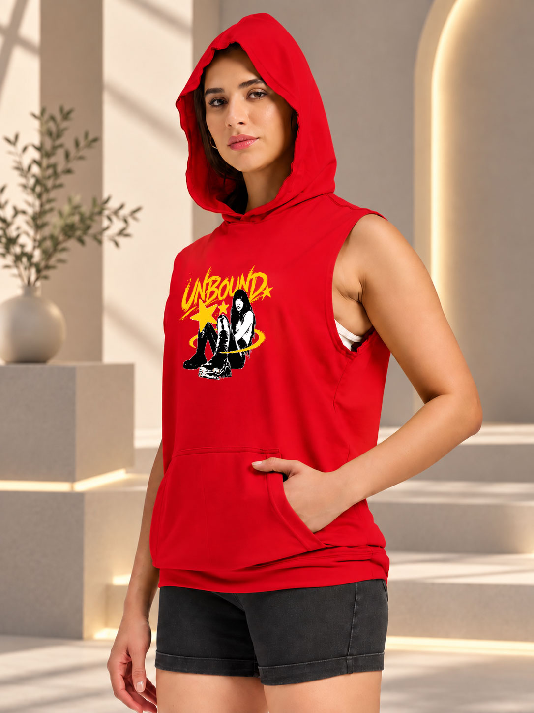 WOMEN UNBOUND GYM HOODED T-SHIRT RED