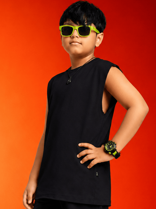 NEON RUSH SLEEVELESS T-SHIRT FOR BOYS GIRLS BLACK model wearing black sleeveless t-shirt with neon accessories