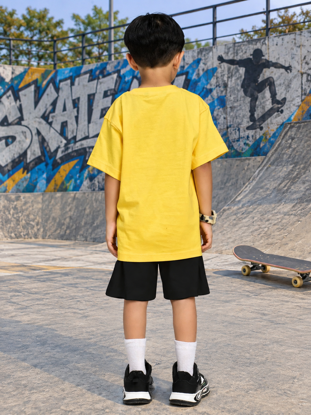 COOL DUDE SKATER CO-ORD FOR BOYS GIRLS BLACK YELLOW BLACK worn by a child at a skate park.