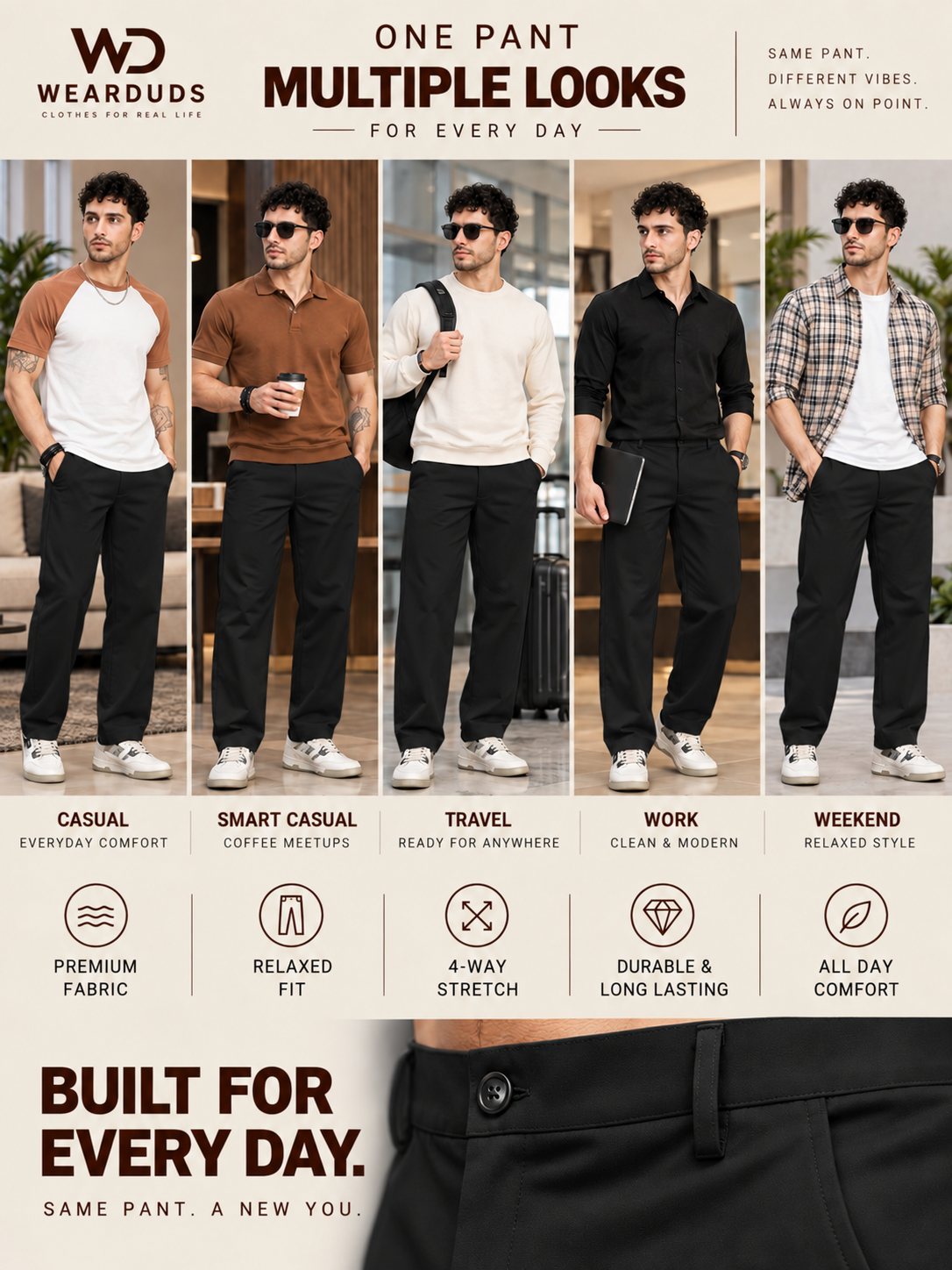 COMFORTABLE STRAIGHT CASUAL PANTS BLACK