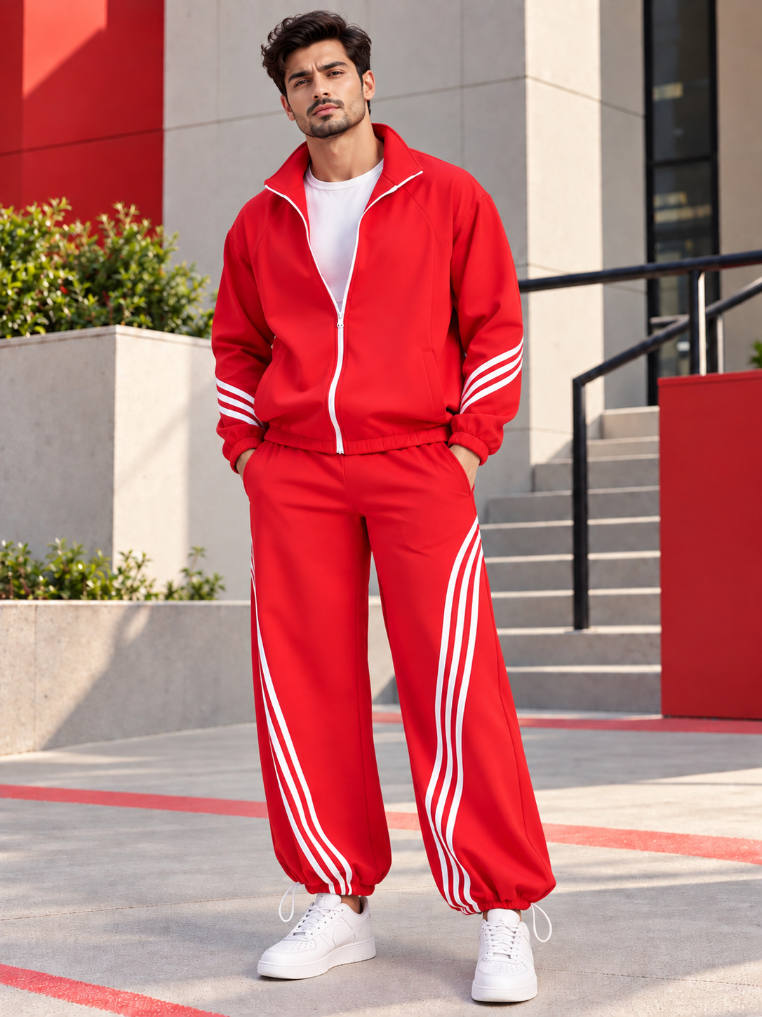 STREETWEAR THREE STRIPE CO-ORD SET FULL ZIPPER RED