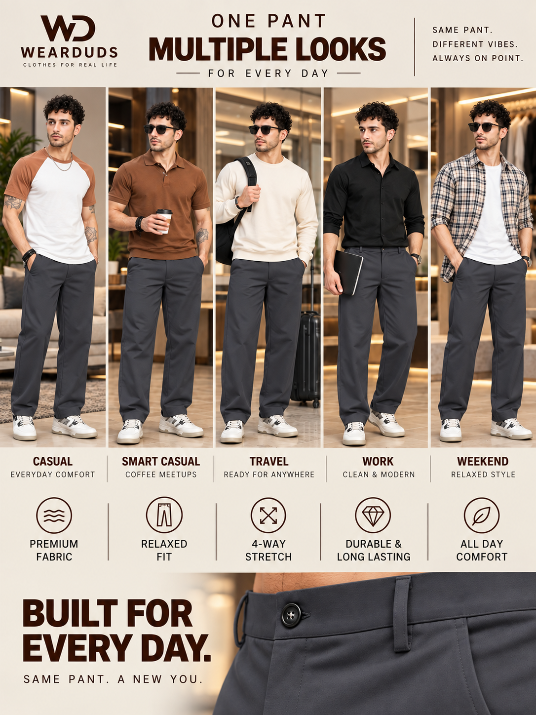 COMFORTABLE STRAIGHT CASUAL PANTS DARK GREY
