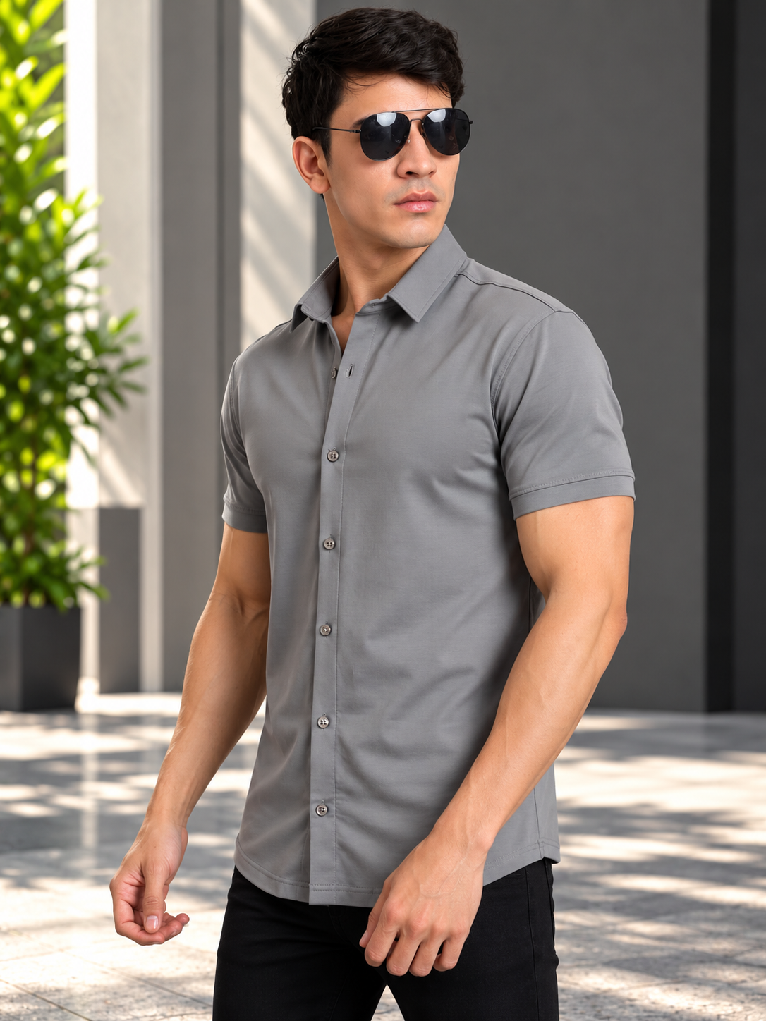 NOIR GREY WRINKLE FREE HALF SHIRT