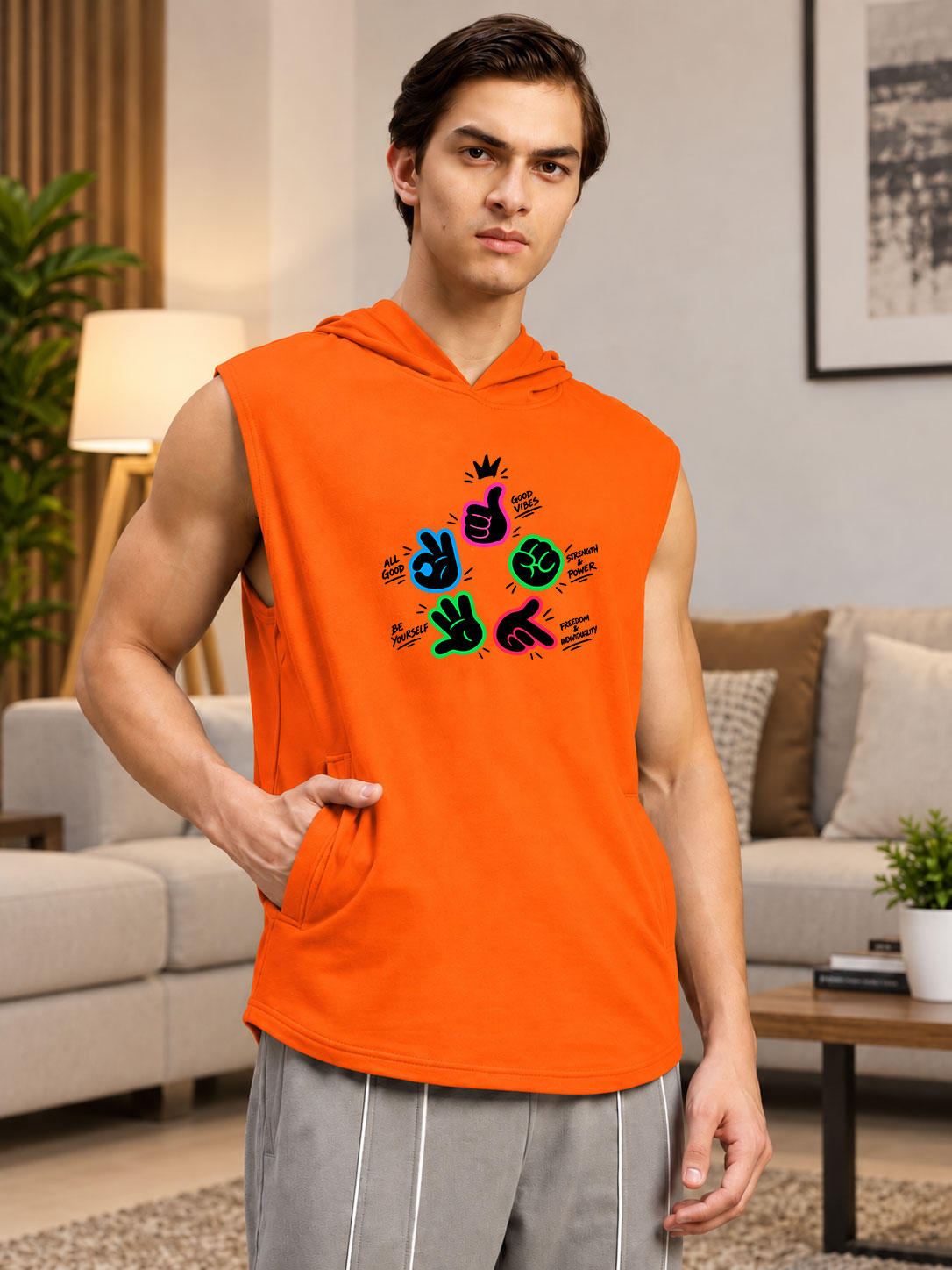 GESTURE SLEEVELESS GRAPHIC PRINT ORANGE