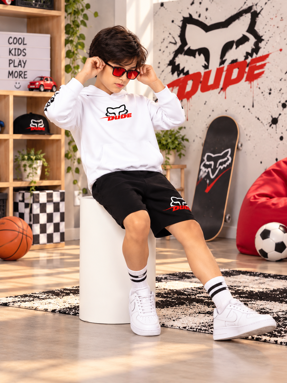RACING FOX FLEECE PANT FOR KIDS BLACK styled with white hoodie, sneakers, and sunglasses for cool kids