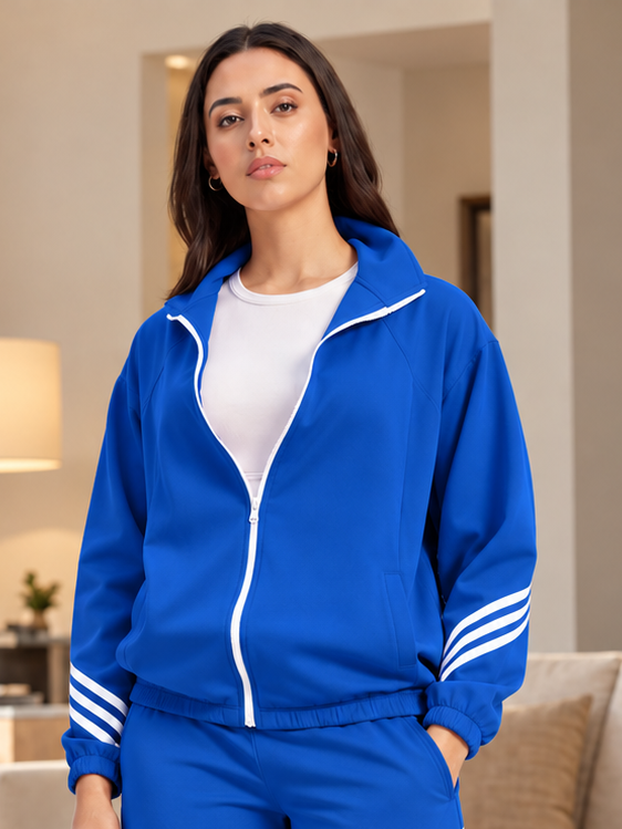 WOMEN STREETWEAR THREE STRIPE  JACKET FULL ZIPPER BLUE
