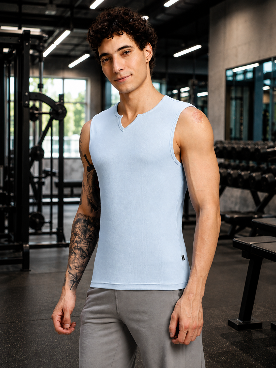 MUSCLE FIT SLEEVELESS GYM T-SHIRT SKY BLUE