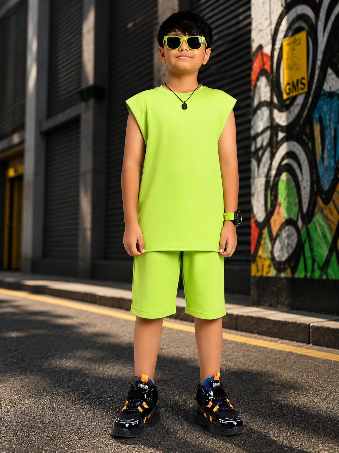 NEON RUSH SLEEVELESS CO-ORD FOR BOYS GIRLS NEON GREEN