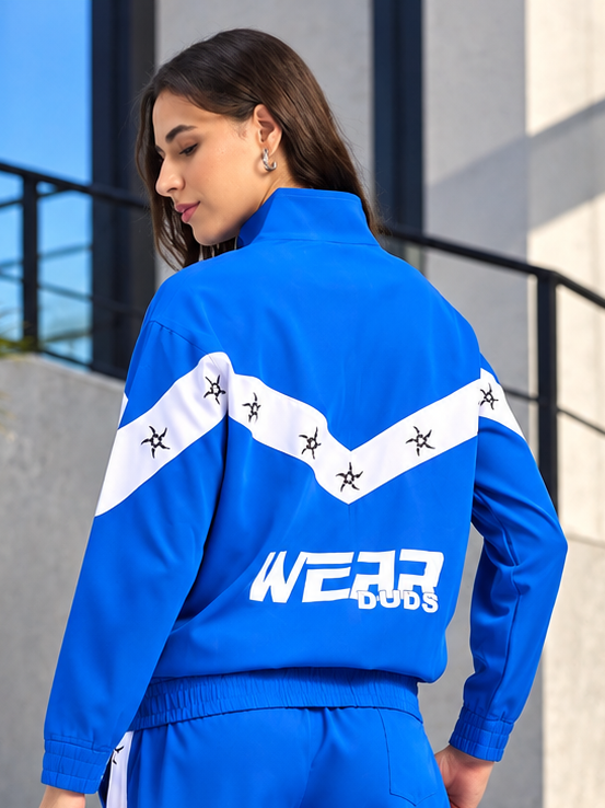 WOMEN MATCHING LOOSE FIT ZIPPER JACKET BLUE WHITE