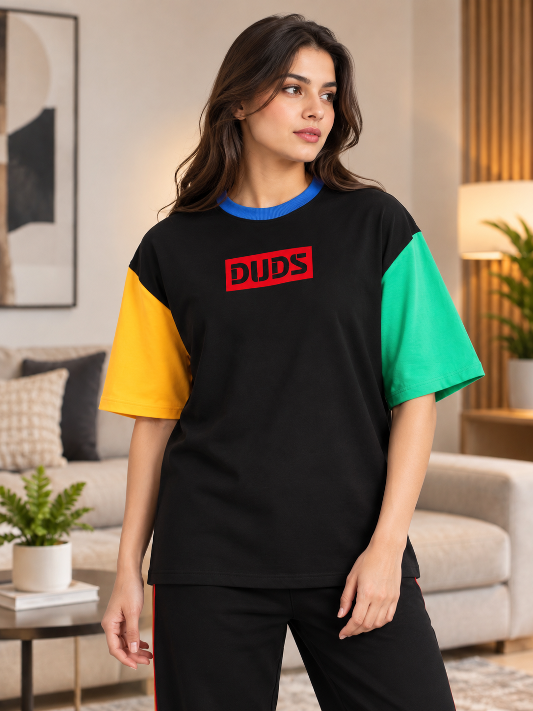 WOMEN CHROMA COLOR BLOCKED OVERSIZED T-SHIRT BLACK