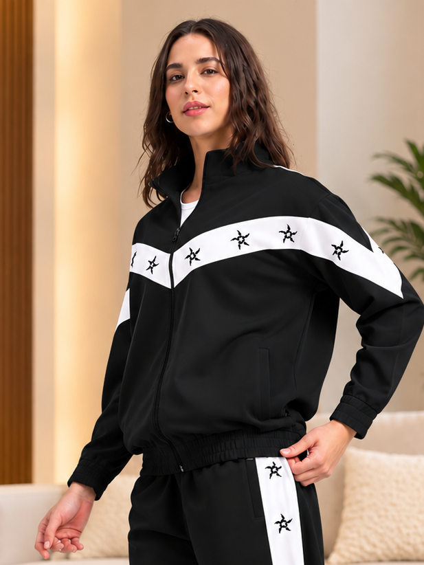 WOMEN MATCHING LOOSE FIT ZIPPER JACKET BLACK WHITE