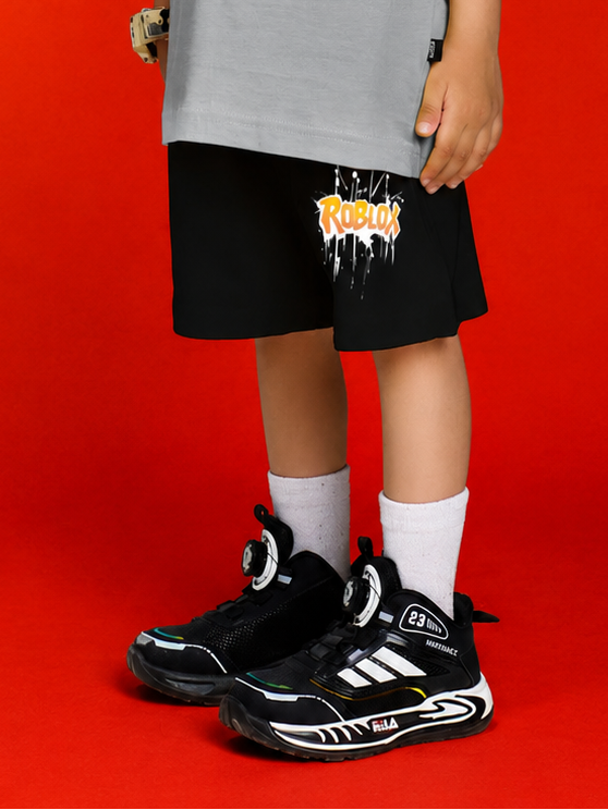 ROBLOX WORLD FIT SHORTS FOR BOYS GIRLS BLACK worn by a child, showcasing stylish design with gaming-inspired vibe.