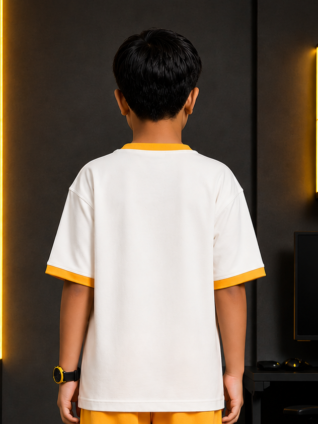 Back view of a child wearing a white EMOJI VIBES T-SHIRT FOR BOYS GIRL WHITE with yellow sleeves.