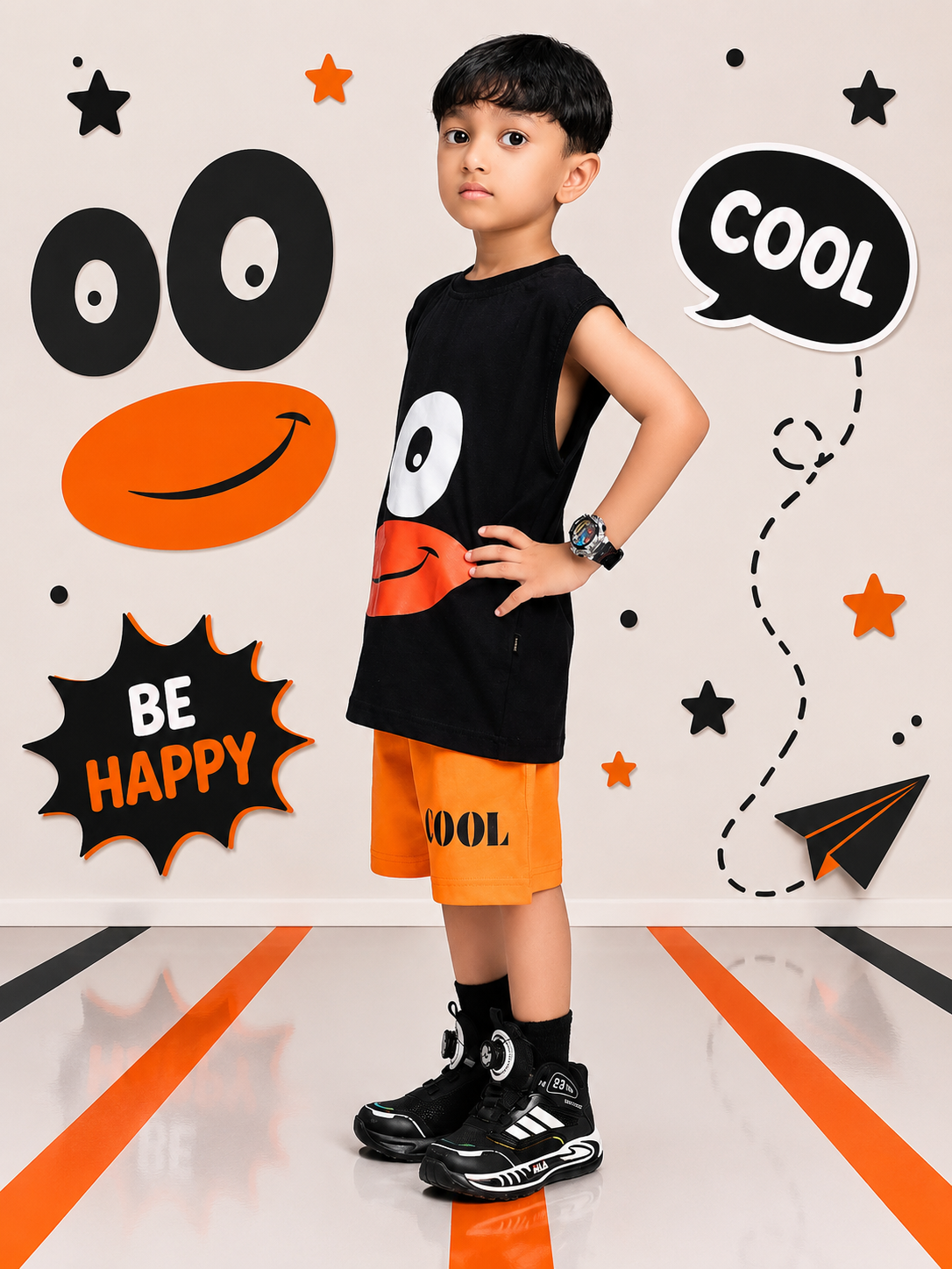SMILEY EYES PRINT CO-ORD SET FOR BOYS GIRLS BLACK ORANGE