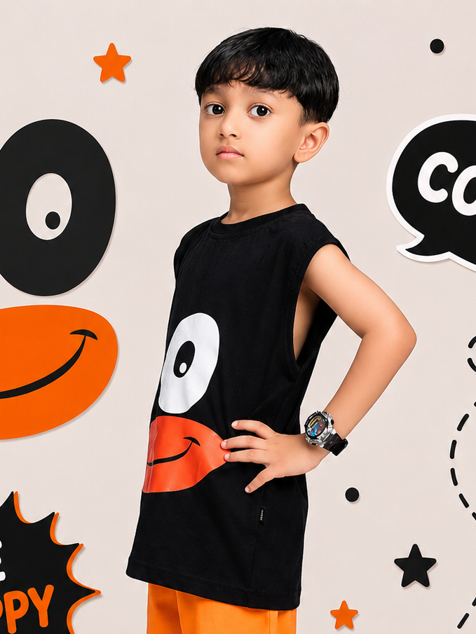 SMILEY EYES PRINT T-SHIRT FOR BOYS GIRLS BLACK