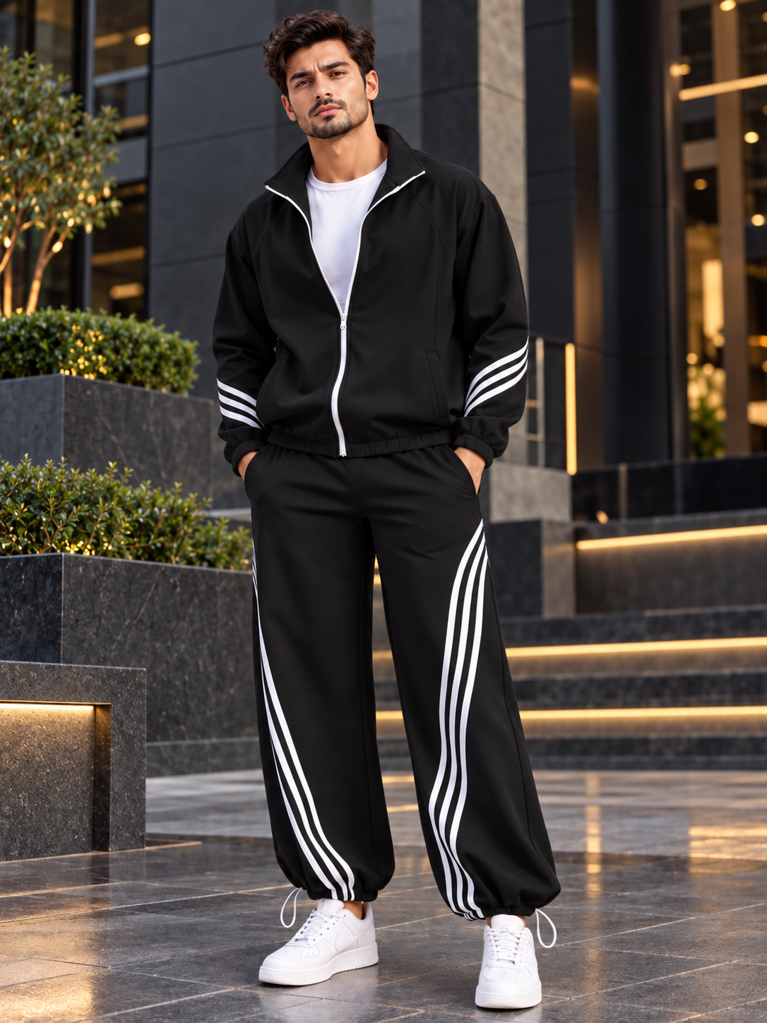 STREETWEAR THREE STRIPE CO-ORD SET FULL ZIPPER BLACK