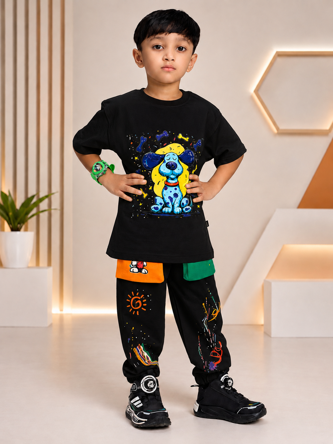 CUTE BLUE PUPPY PRINT CO-ORD FOR BOYS GIRLS BLACK