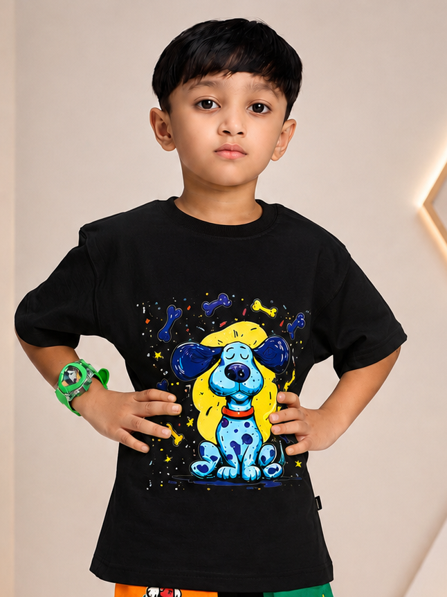 CUTE BLUE PUPPY OVERSIZED T-SHIRT FOR BOYS GIRLS BLACK