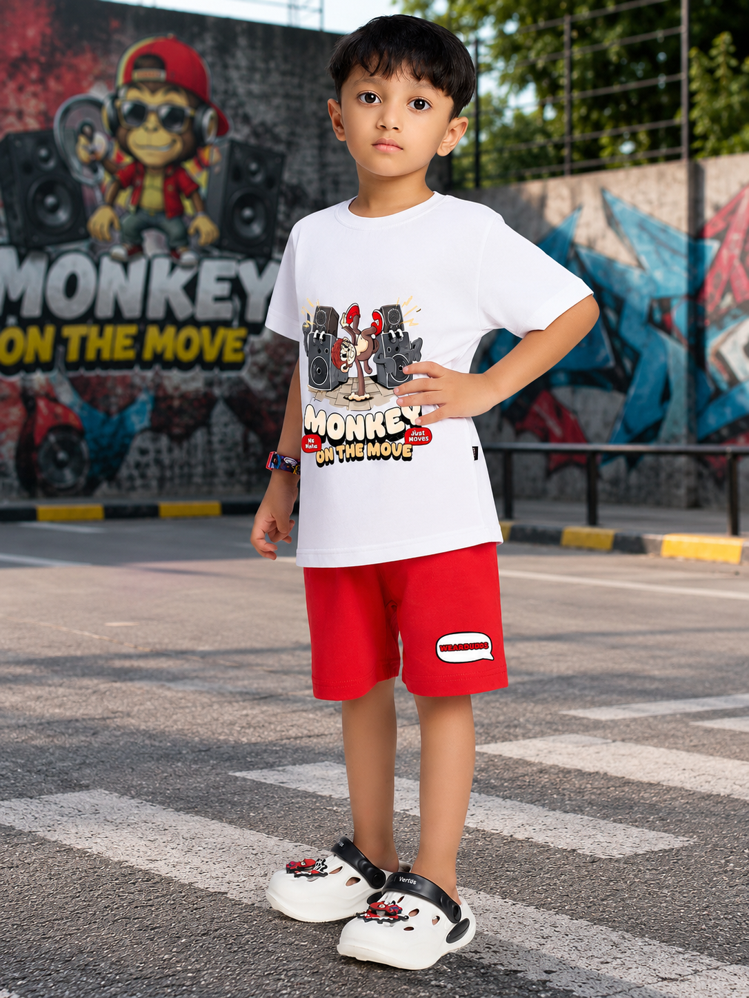 MONKEY BEATS GRAPHIC CO-ORD FOR BOYS GIRLS WHITE RED