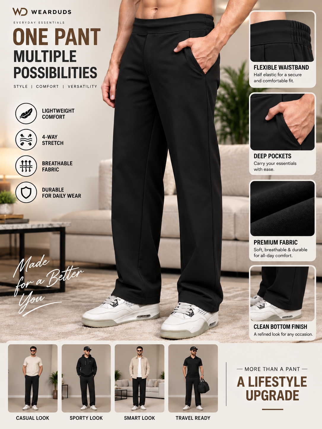 WAISTBOARD SMART CASUAL PANTS BLACK