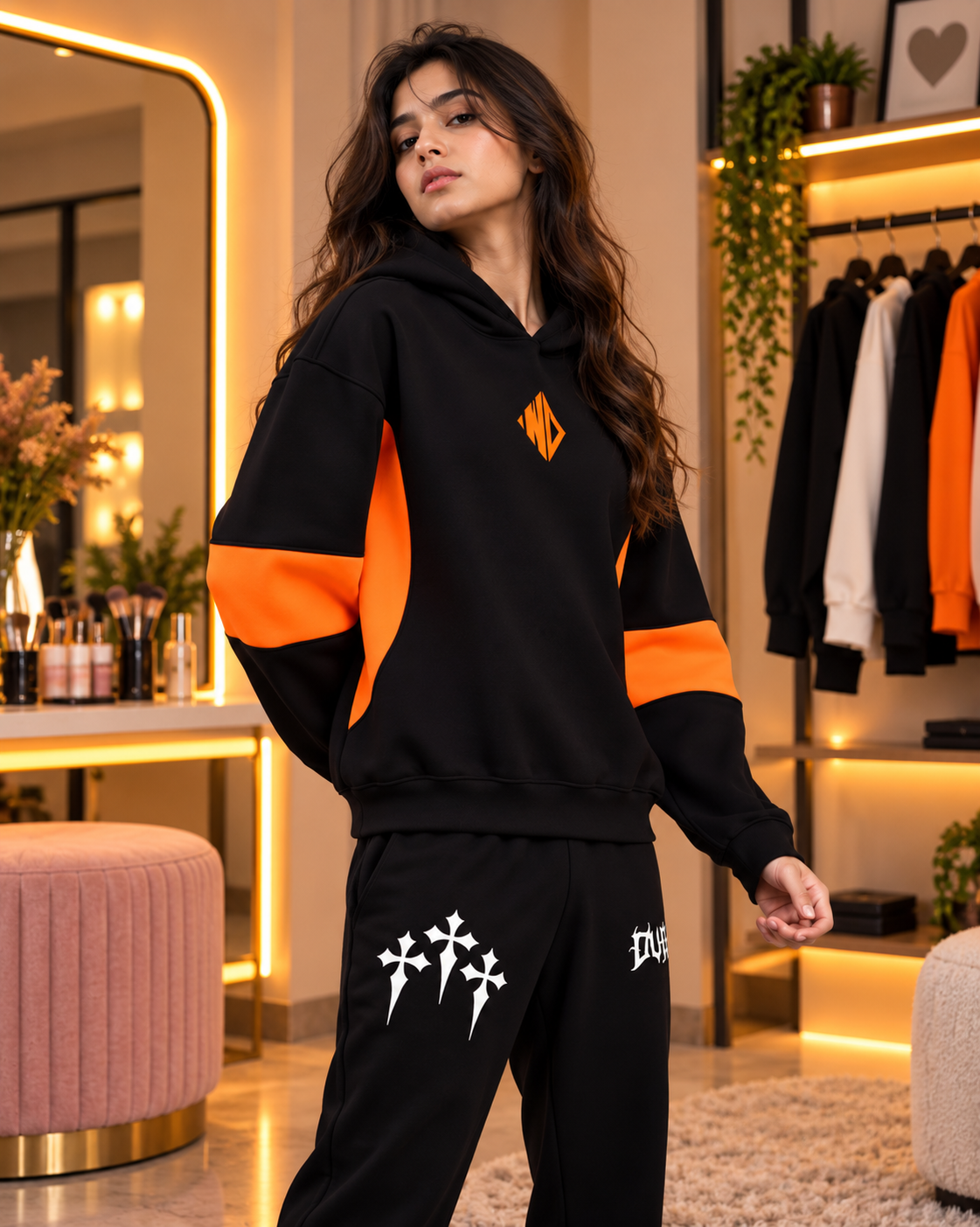 WOMEN WD GORBCORE FLEECE HOODIE BLACK ORANGE