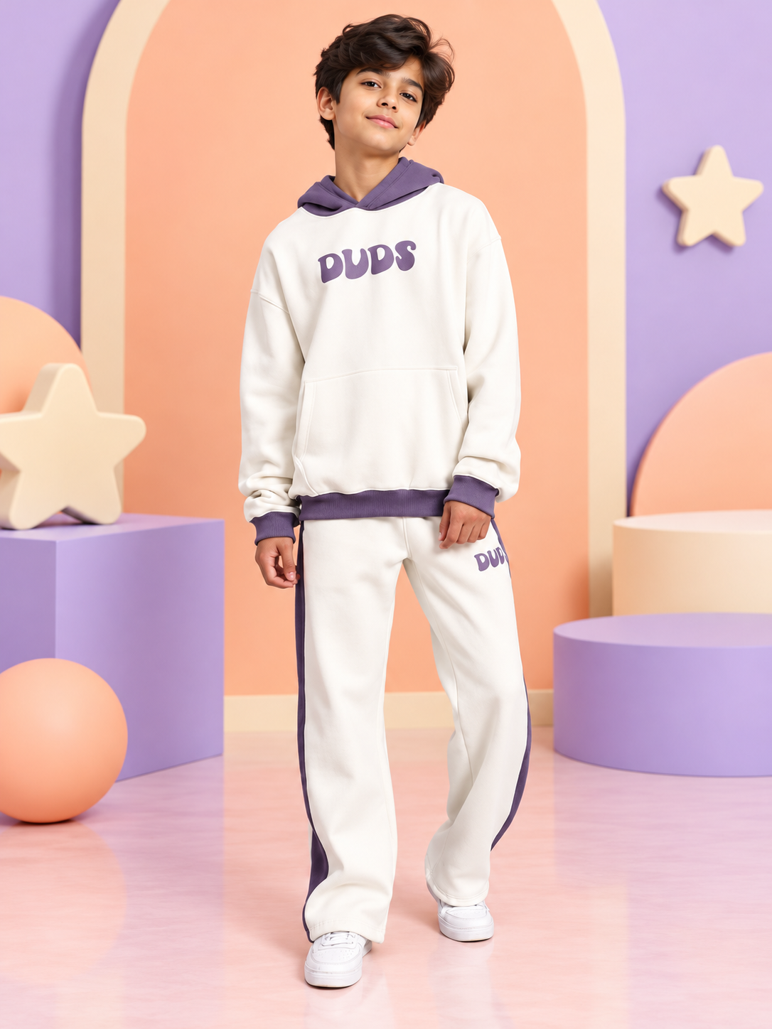 SELF LOVE FLEECE OVERSIZED CO-ORD FOR KIDS WHITE VIOLET