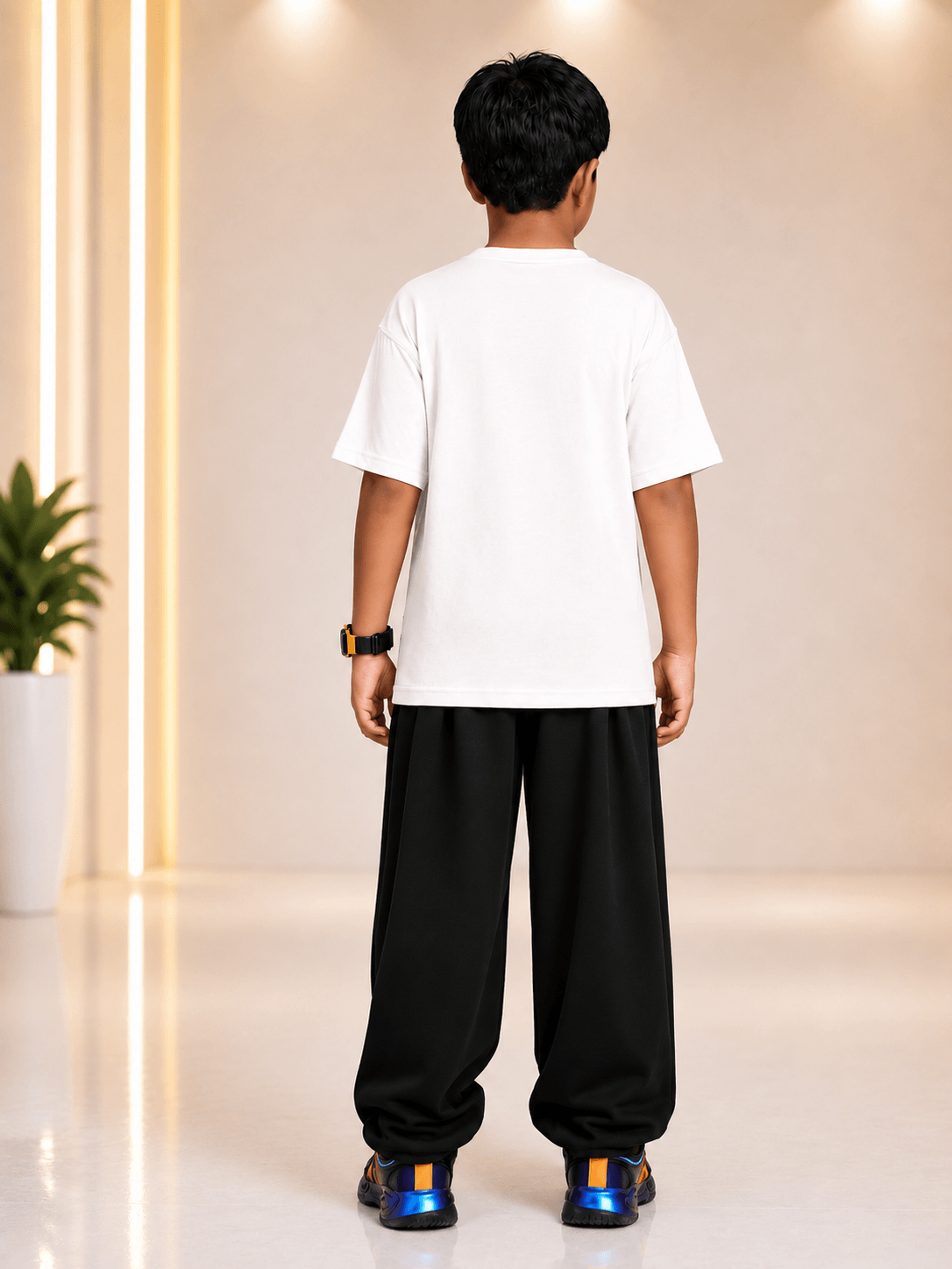 COOLFIT JOGGER FOR BOYS GIRLS BLACK on a child wearing a white t-shirt and stylish sneakers, showcasing a modern streetwear look.