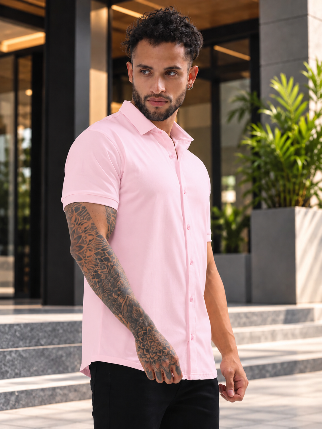 NOIR BLUSH PINK HALF SLEEVES STRETCHABLE SHIRT