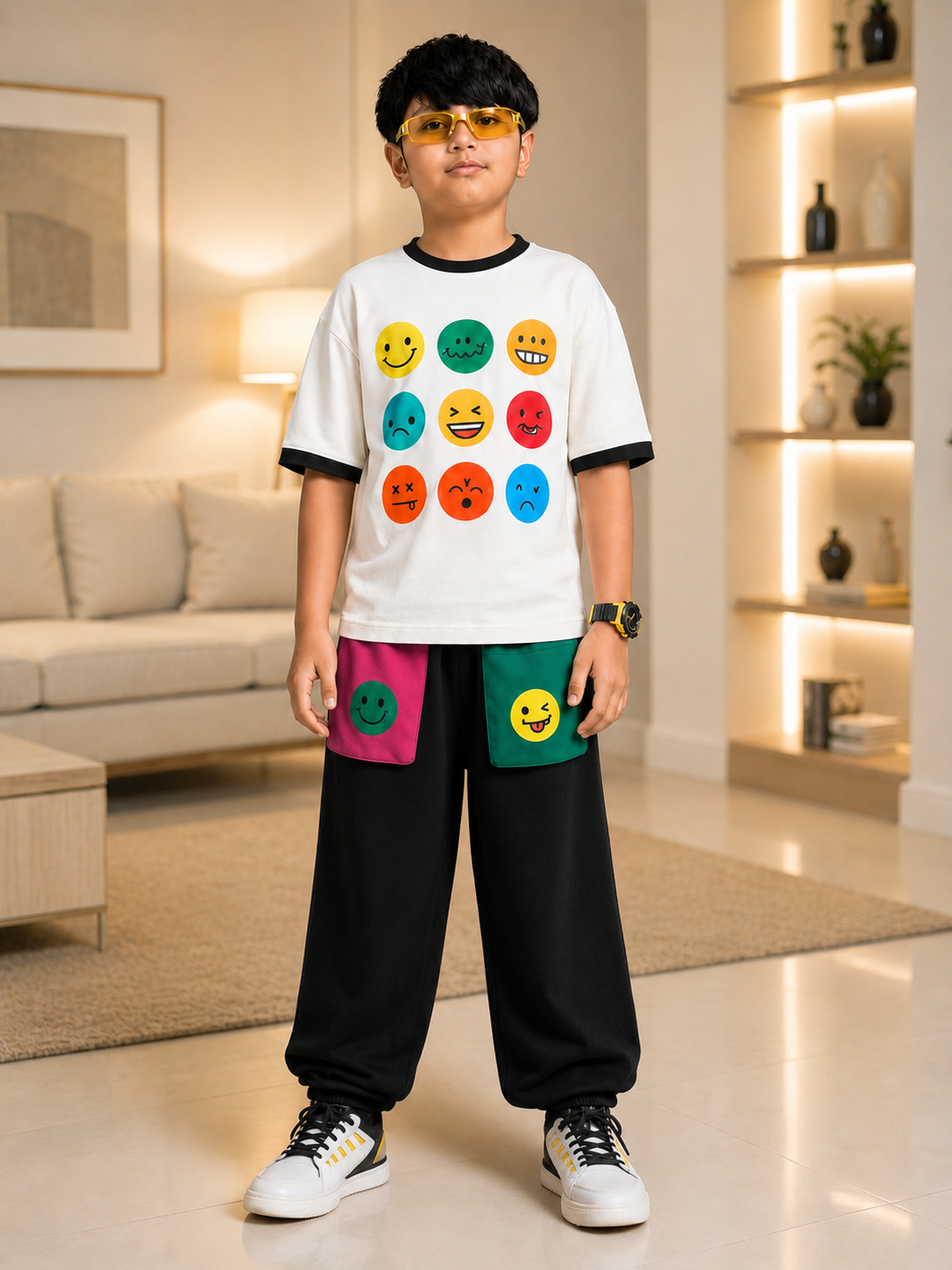 EMOJI VIBES CO-ORD FOR BOYS GIRLS WHITE BLACK