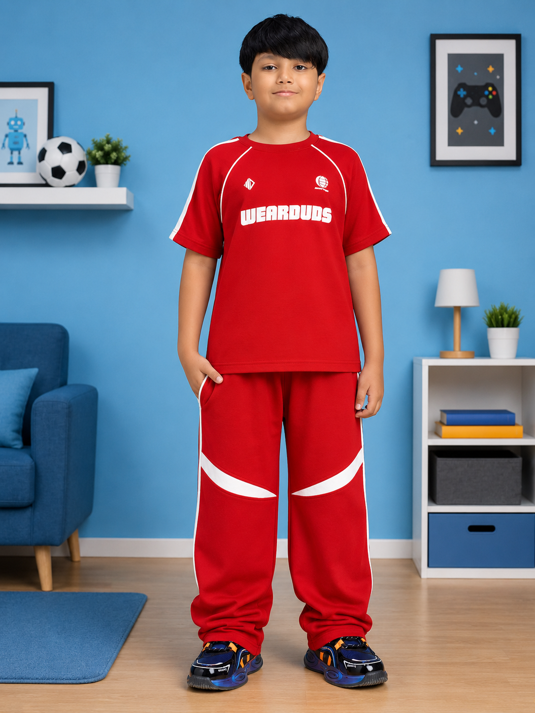 KIDS ROSTER CO-ORD BOYS GIRLS RED WHITE