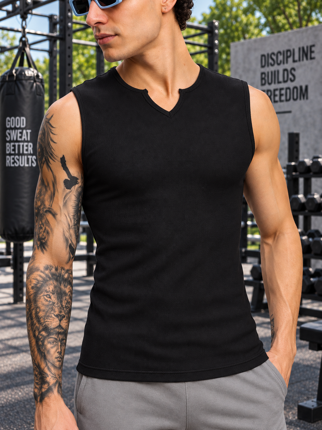 SLEEVELESS WORKOUT COTTON T-SHIRT BLACK