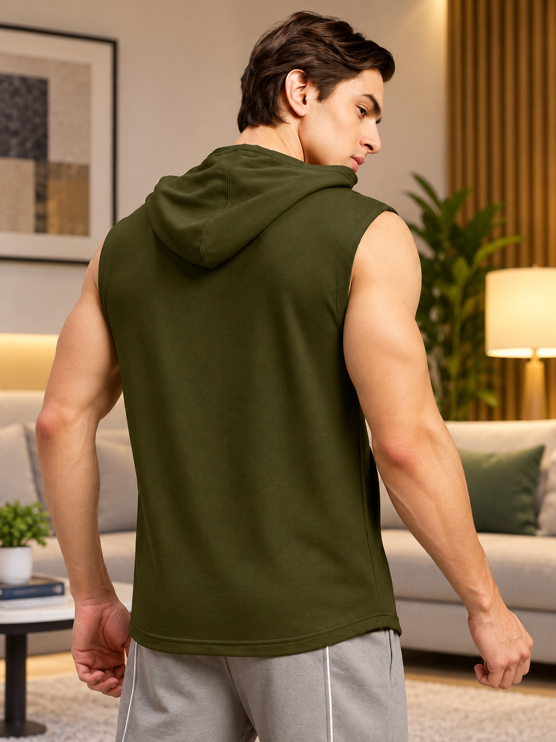SECRET SELF GYM SLEEVELESS HOODED T-SHIRT OLIVE GREEN