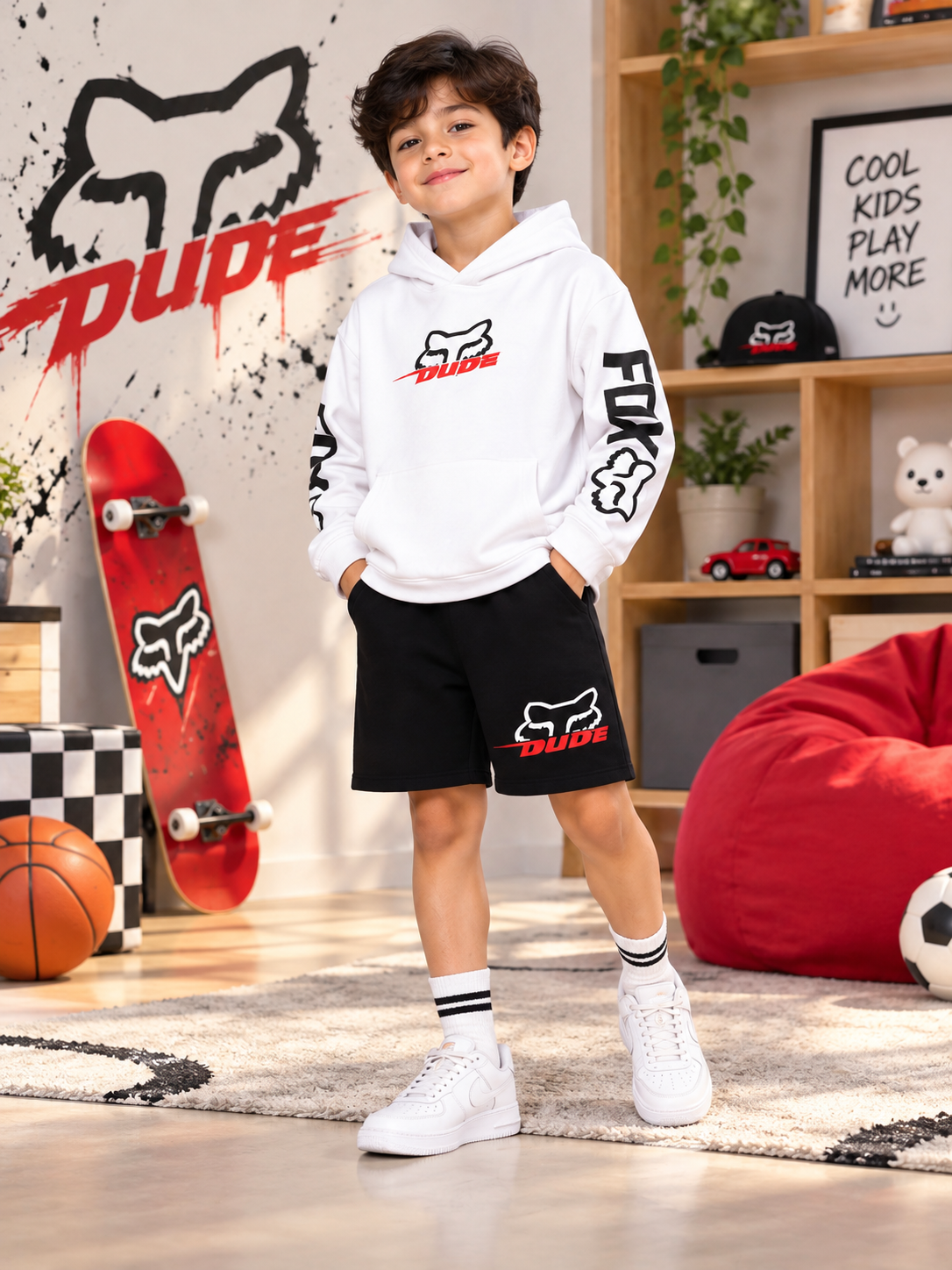 RACING FOX FLEECE CO-ORD FOR KIDS WHITE BLACK with hoodie and shorts set for boys