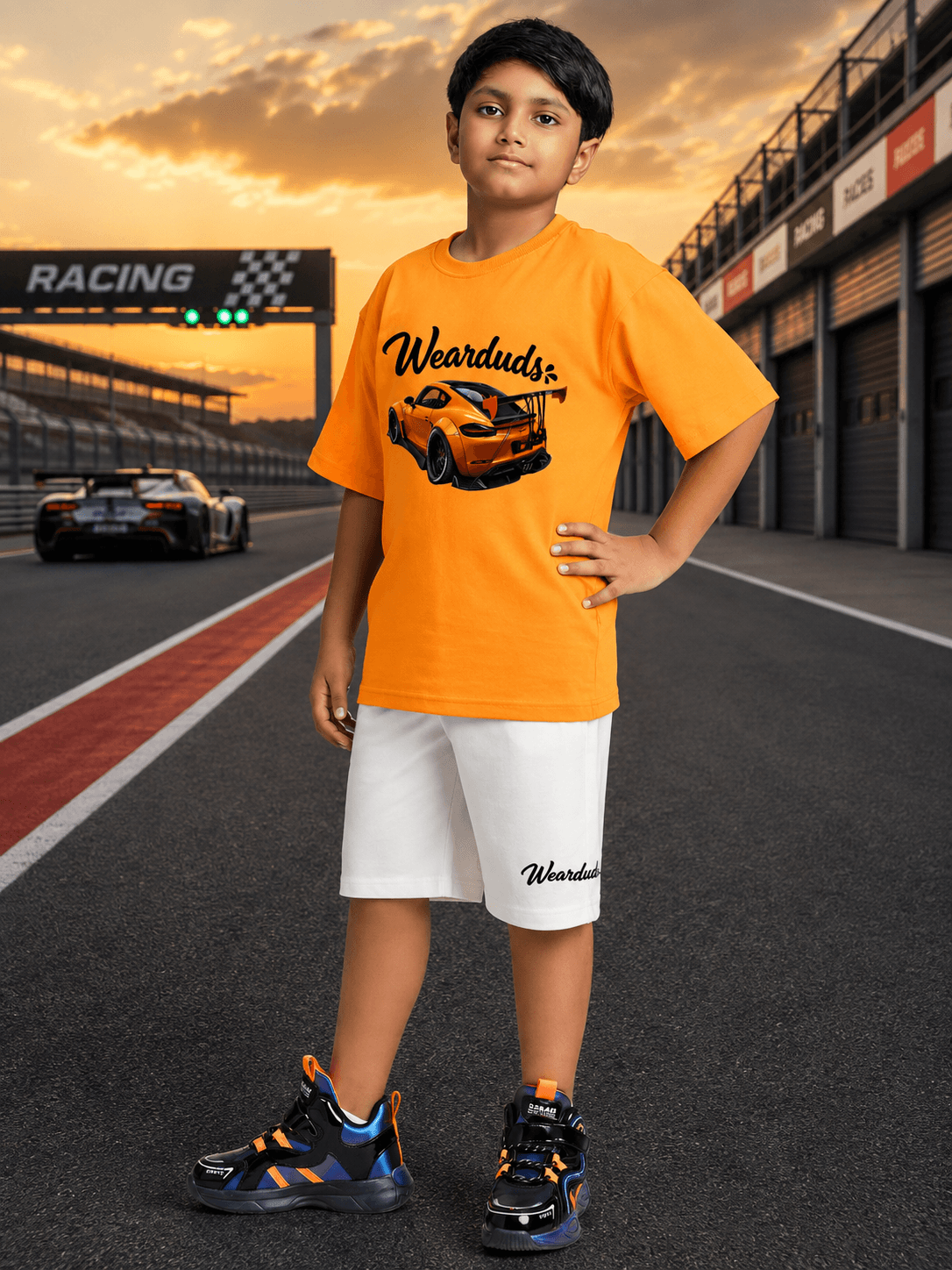 GRAPHIC CAR CASUAL CO-ORD FOR BOYS & GIRLS YELLOW WHITE worn by boy with orange t-shirt and white shorts at racing track.