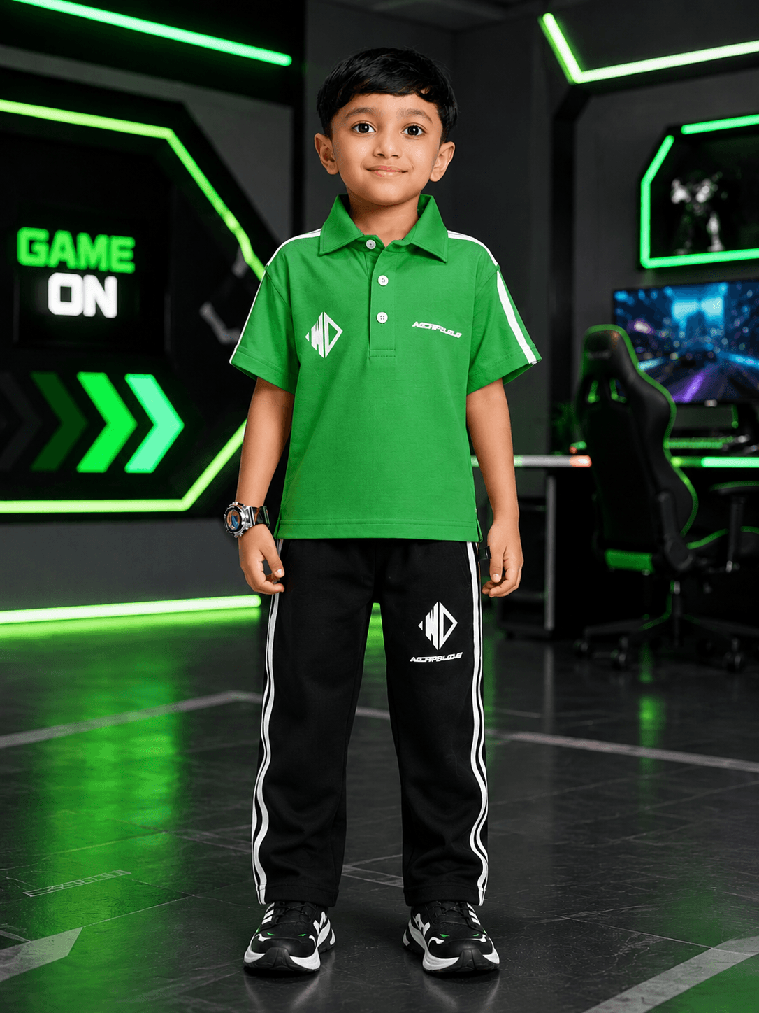CHAMPION TRACK POLO CO-ORD FOR BOYS GIRLS GREEN BLACK worn by a boy in a stylish gaming setup.