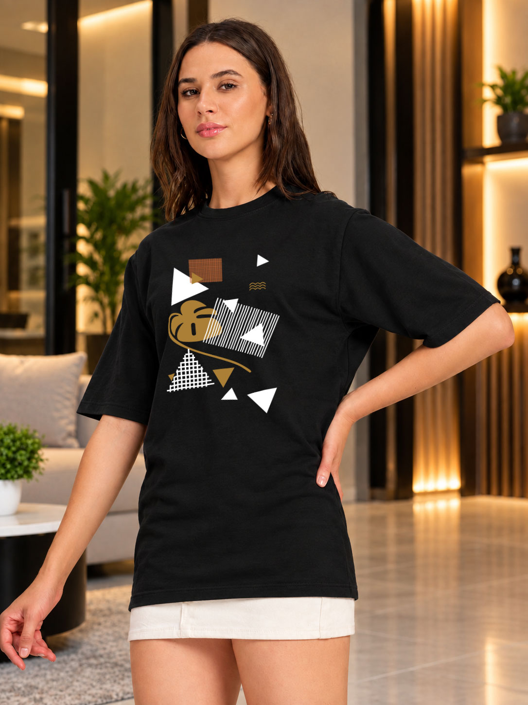 WOMEN GEOMETRIC LEAF TEXT T-SHIRT BLACK
