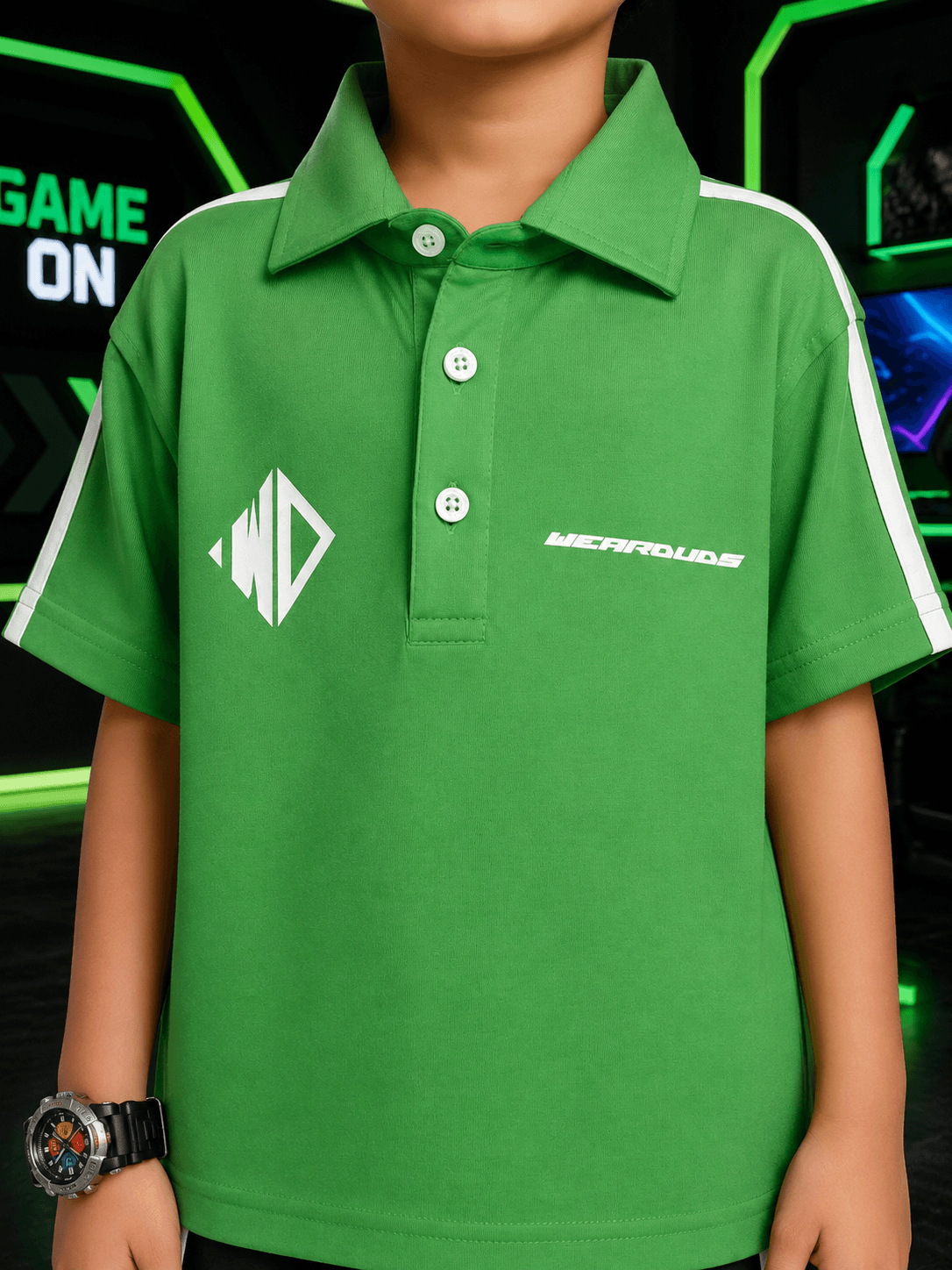 CHAMPION TRACK POLO CO-ORD FOR BOYS GIRLS GREEN BLACK featuring a vibrant green polo shirt.
