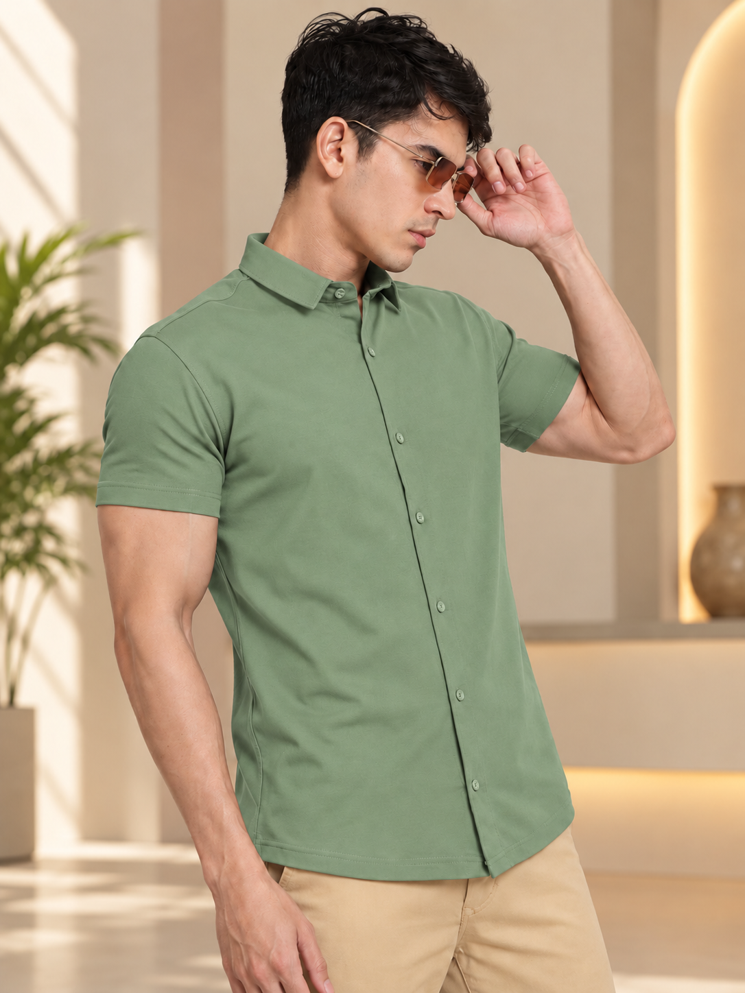 NOIR SAGE GREEN HALF-SLEEVE SHIRT SLIM FIT