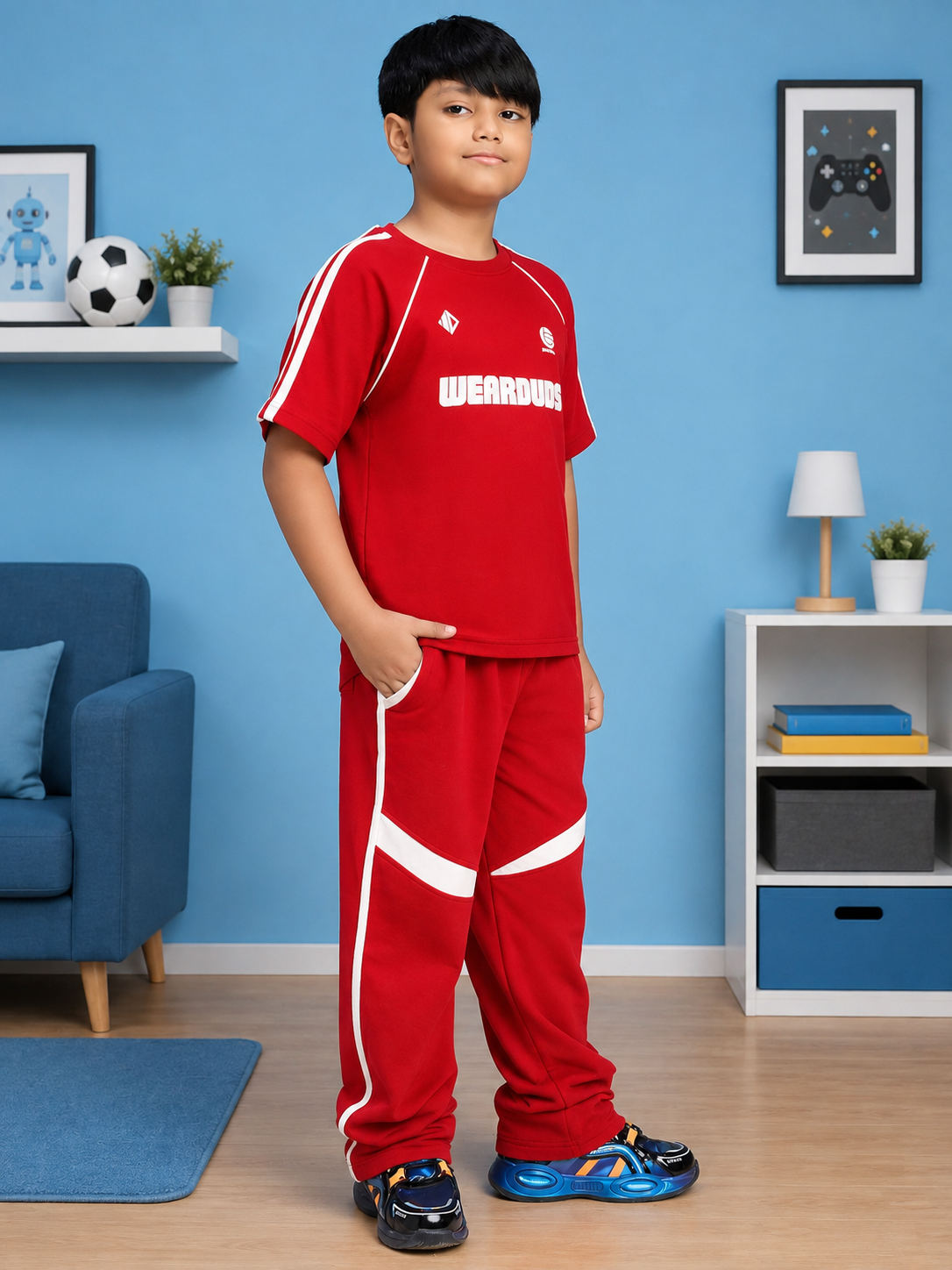 KIDS ROSTER CO-ORD BOYS GIRLS RED WHITE